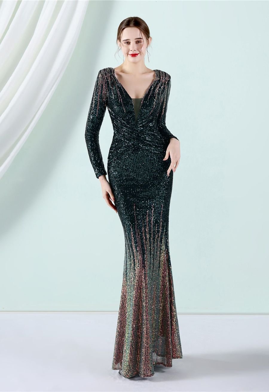 Full Sequin Two-Tone Crisscross Gown in Emerald