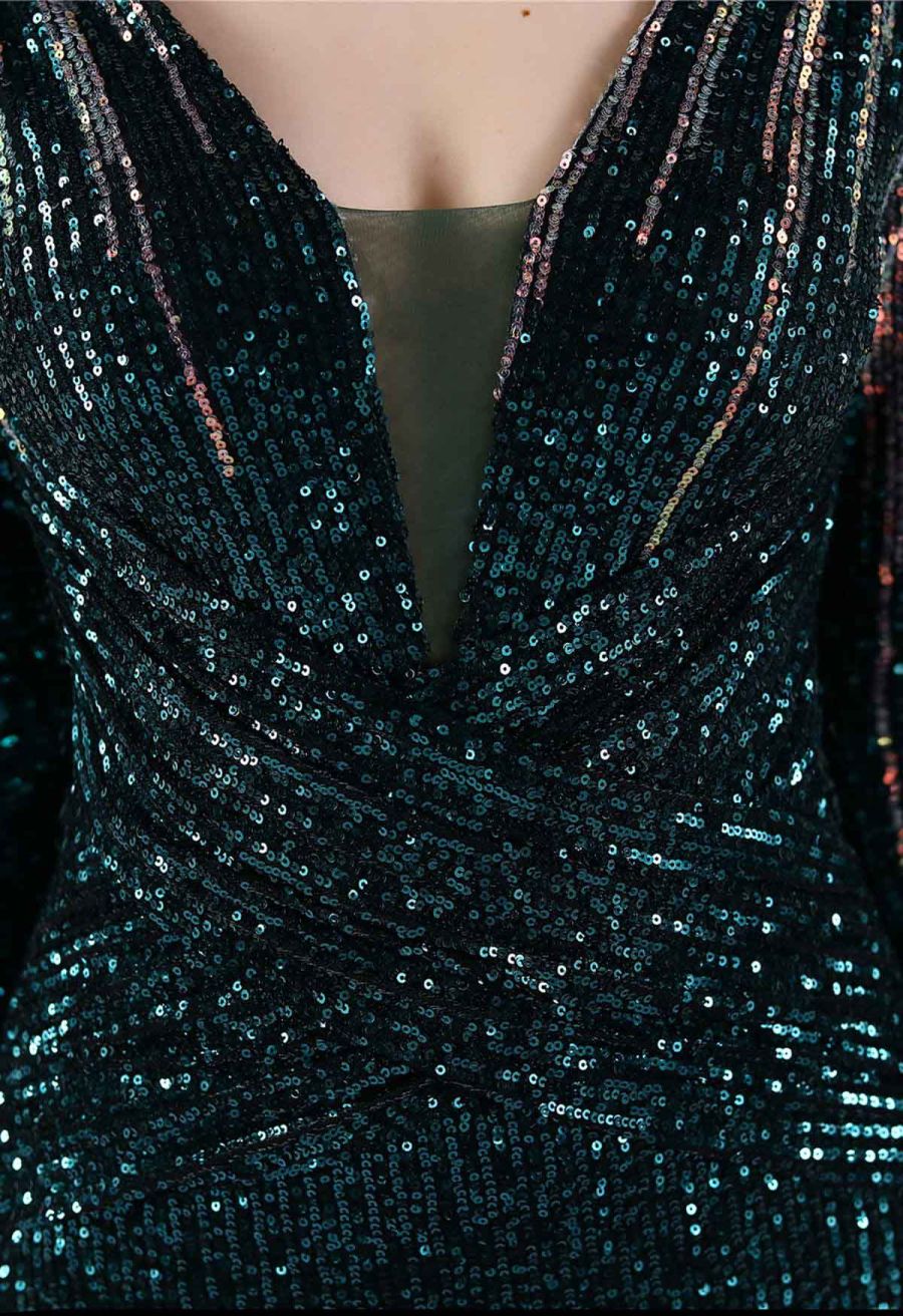 Full Sequin Two-Tone Crisscross Gown in Emerald