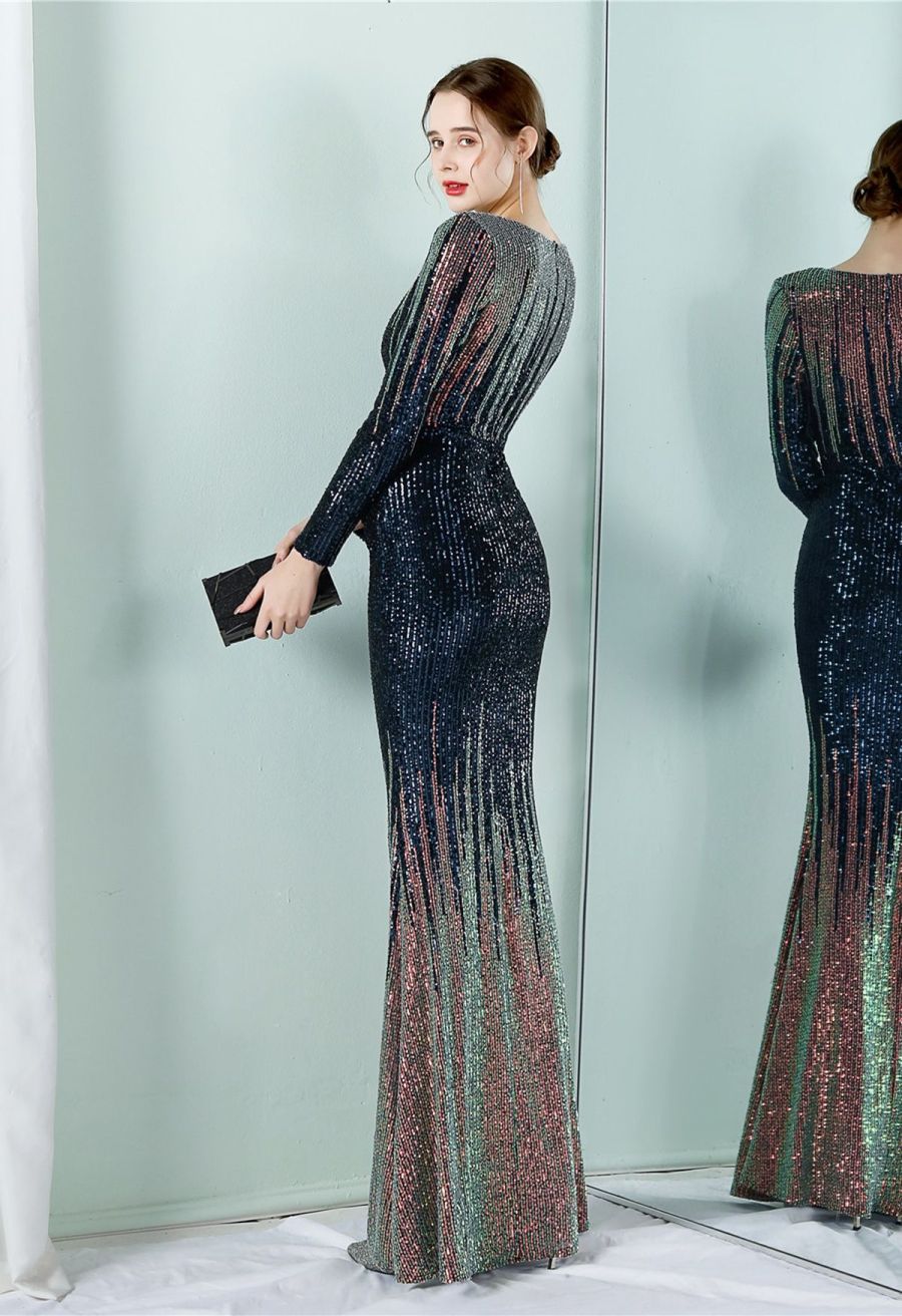 Full Sequin Two-Tone Crisscross Gown in Navy