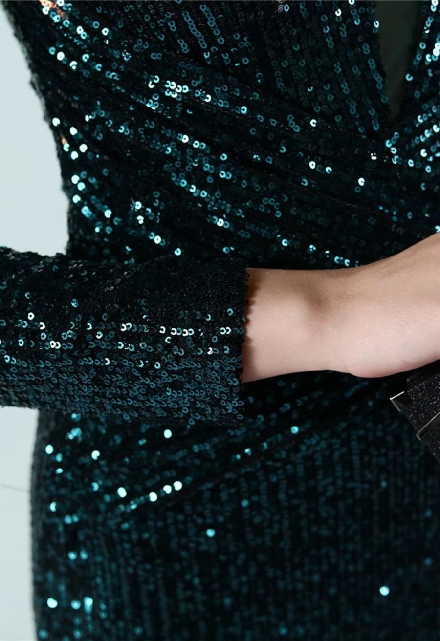 Full Sequin Two-Tone Crisscross Gown in Emerald