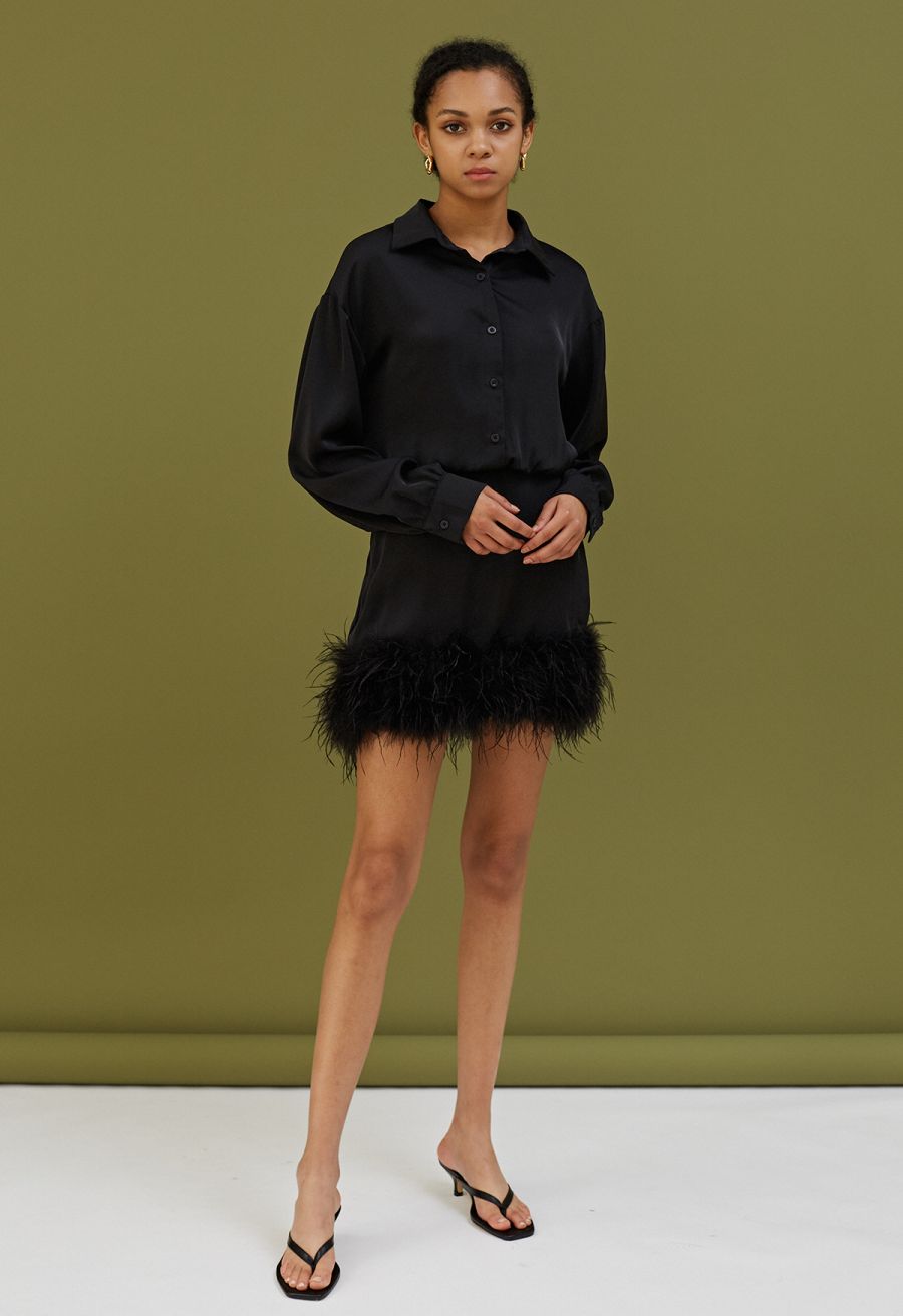 Fringe Hem Satin Long Sleeve Dress in Black
