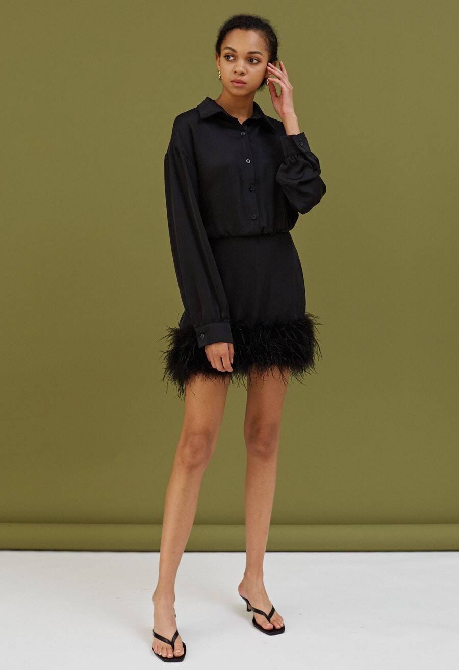 Fringe Hem Satin Long Sleeve Dress in Black