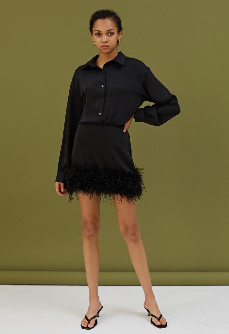 Fringe Hem Satin Long Sleeve Dress in Black