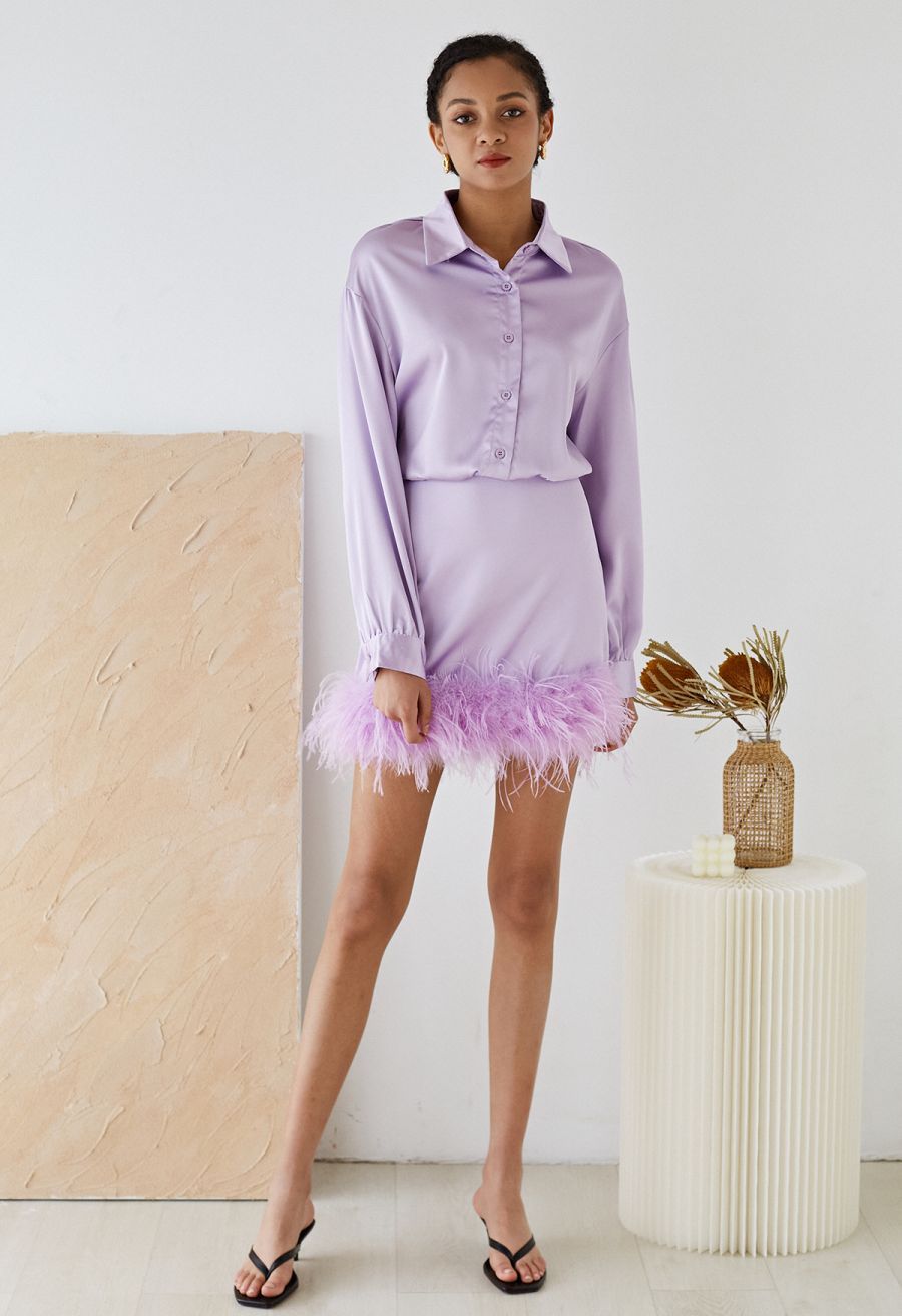 Fringe Hem Satin Long Sleeve Dress in Purple