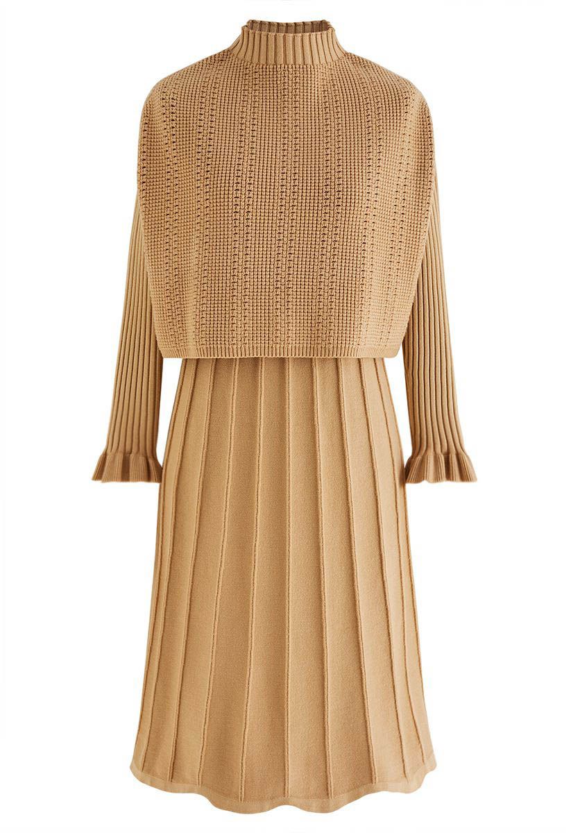 Mock Neck Pleated Knit Twinset Dress in Apricot