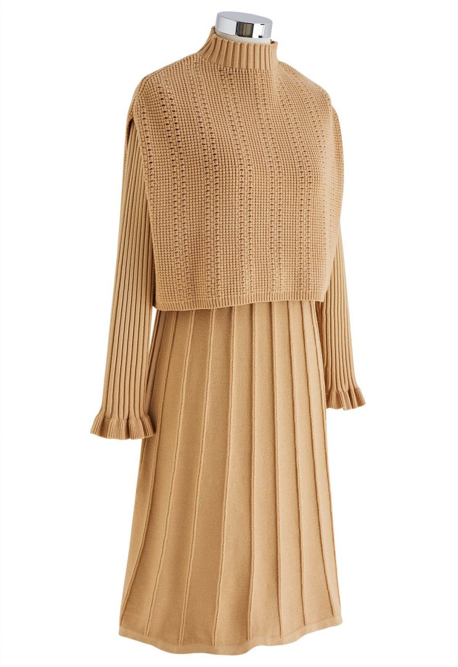 Mock Neck Pleated Knit Twinset Dress in Apricot