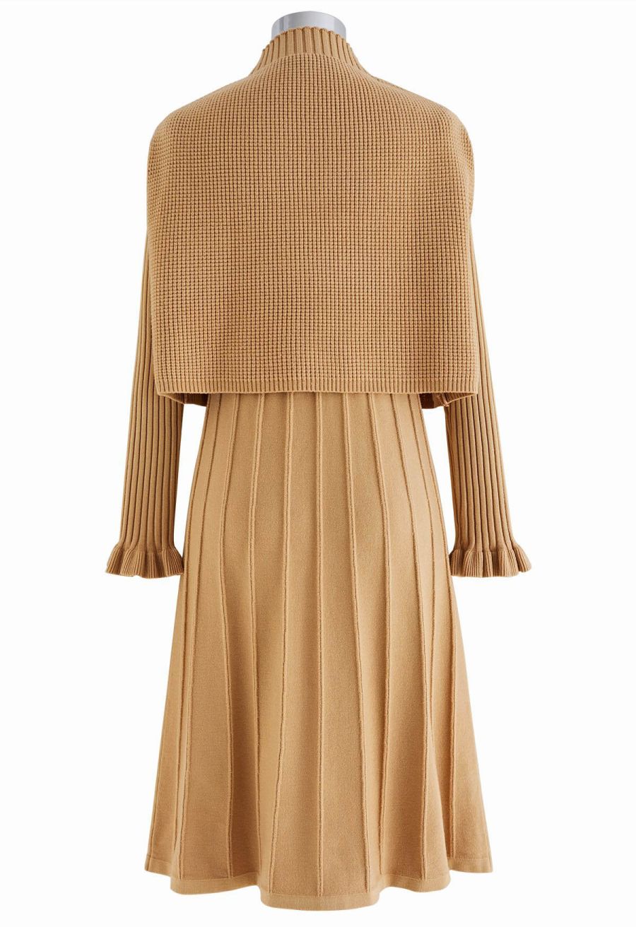 Mock Neck Pleated Knit Twinset Dress in Apricot