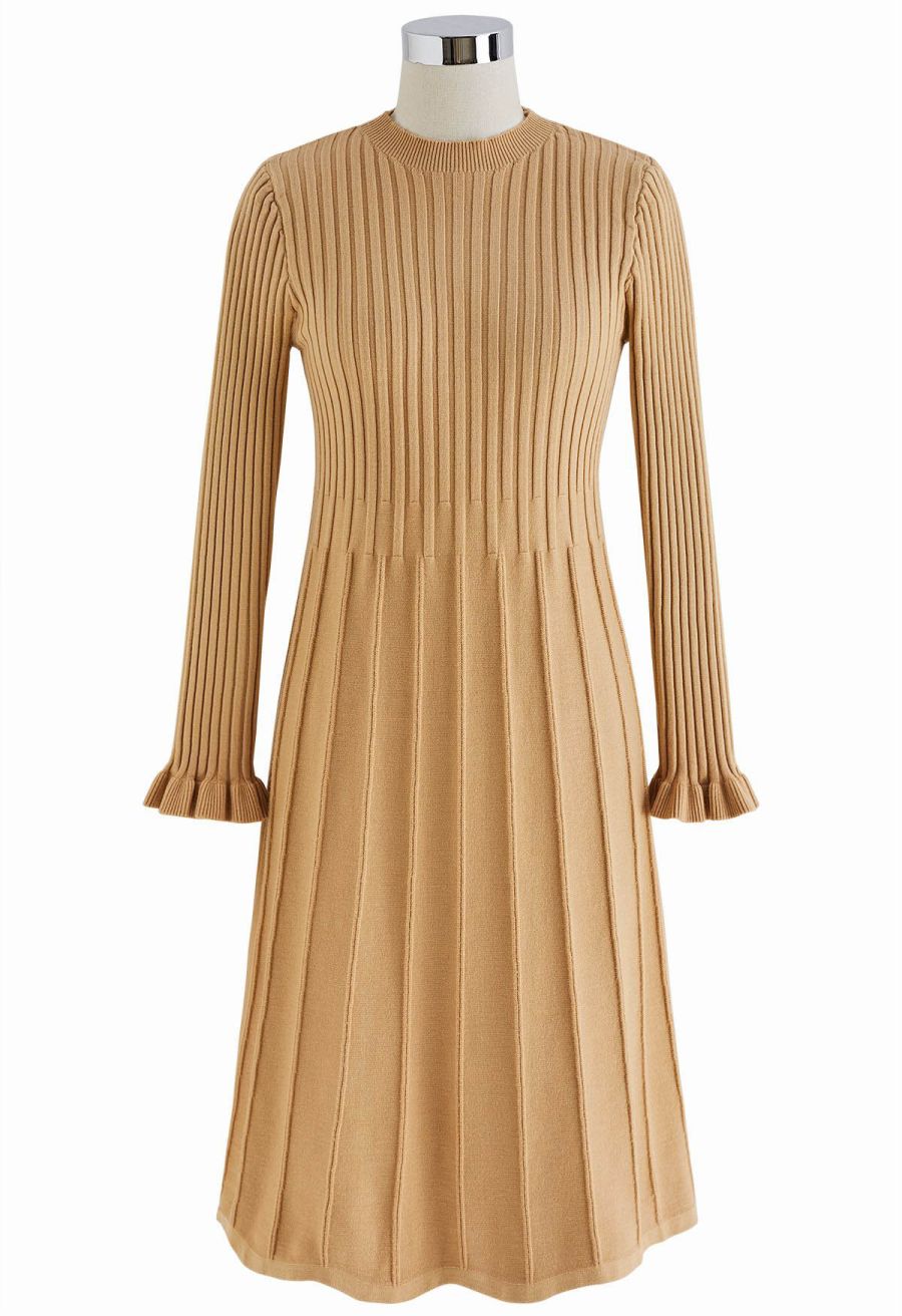 Mock Neck Pleated Knit Twinset Dress in Apricot