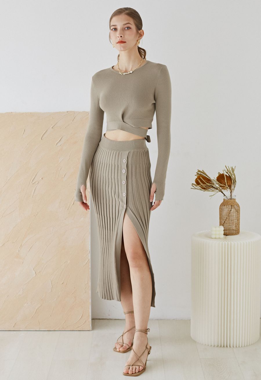 Buttoned Front Slit Rib Knit Skirt in Taupe
