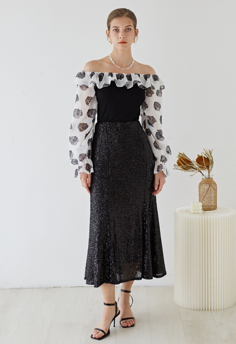 Glitter Sequins Trim Mermaid Midi Skirt in Black