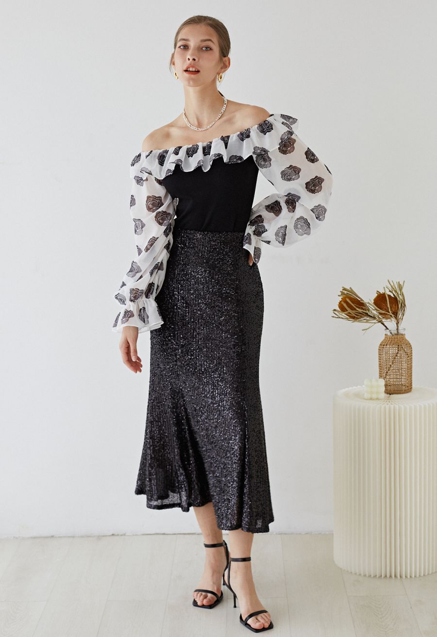 Glitter Sequins Trim Mermaid Midi Skirt in Black
