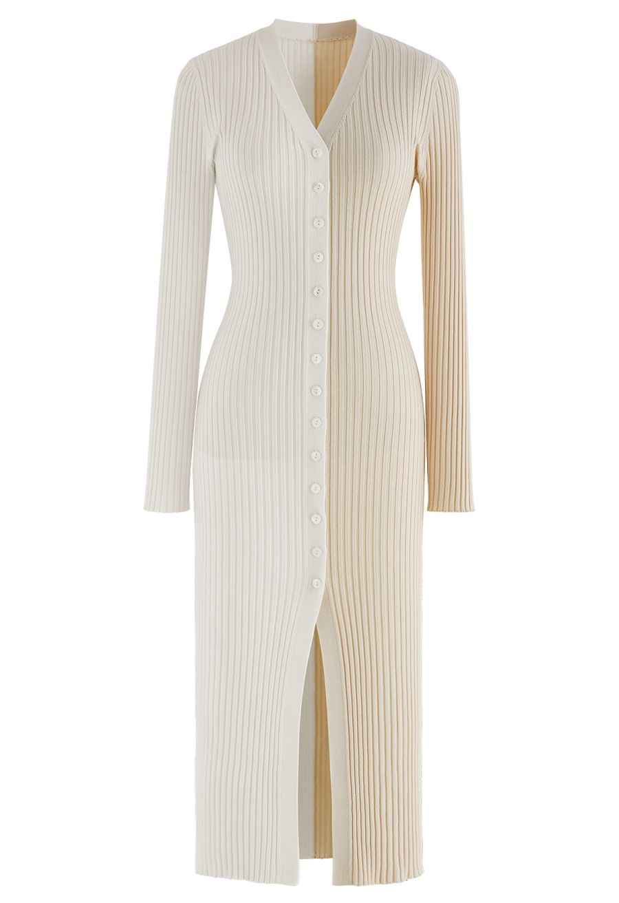 Button Down Two-Tone Spliced Bodycon Knit Dress in Cream