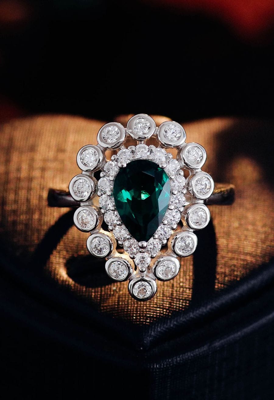 Pear Emerald Gem Diamond Trim Ring
