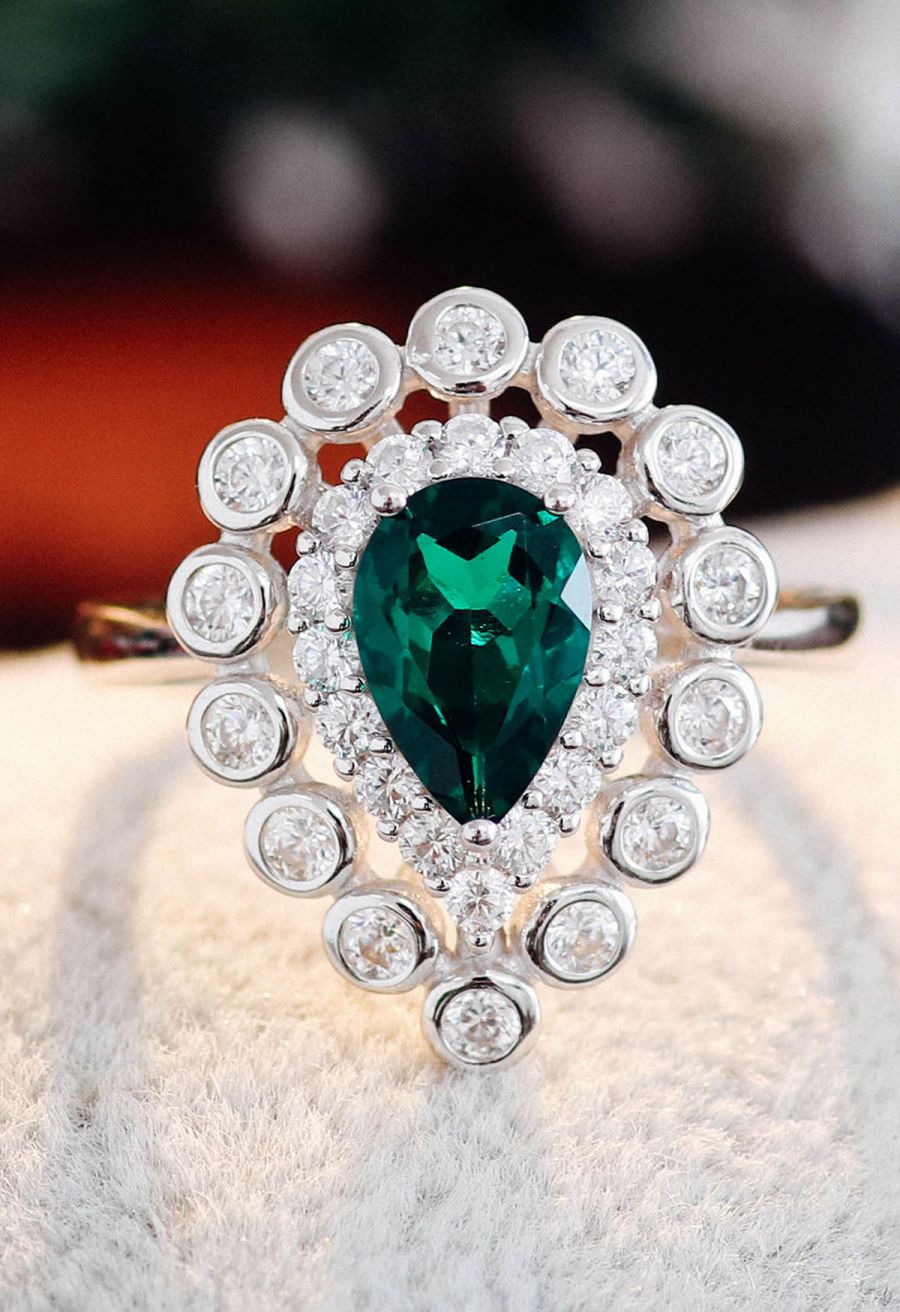 Pear Emerald Gem Diamond Trim Ring