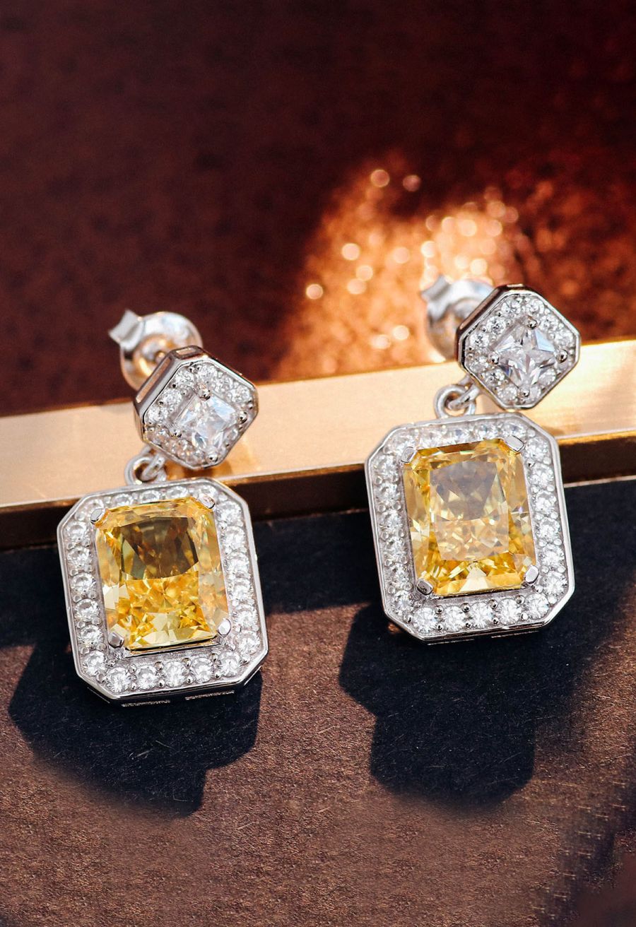 Rectangle Yellow Crystal Cubic Zirconia Earrings