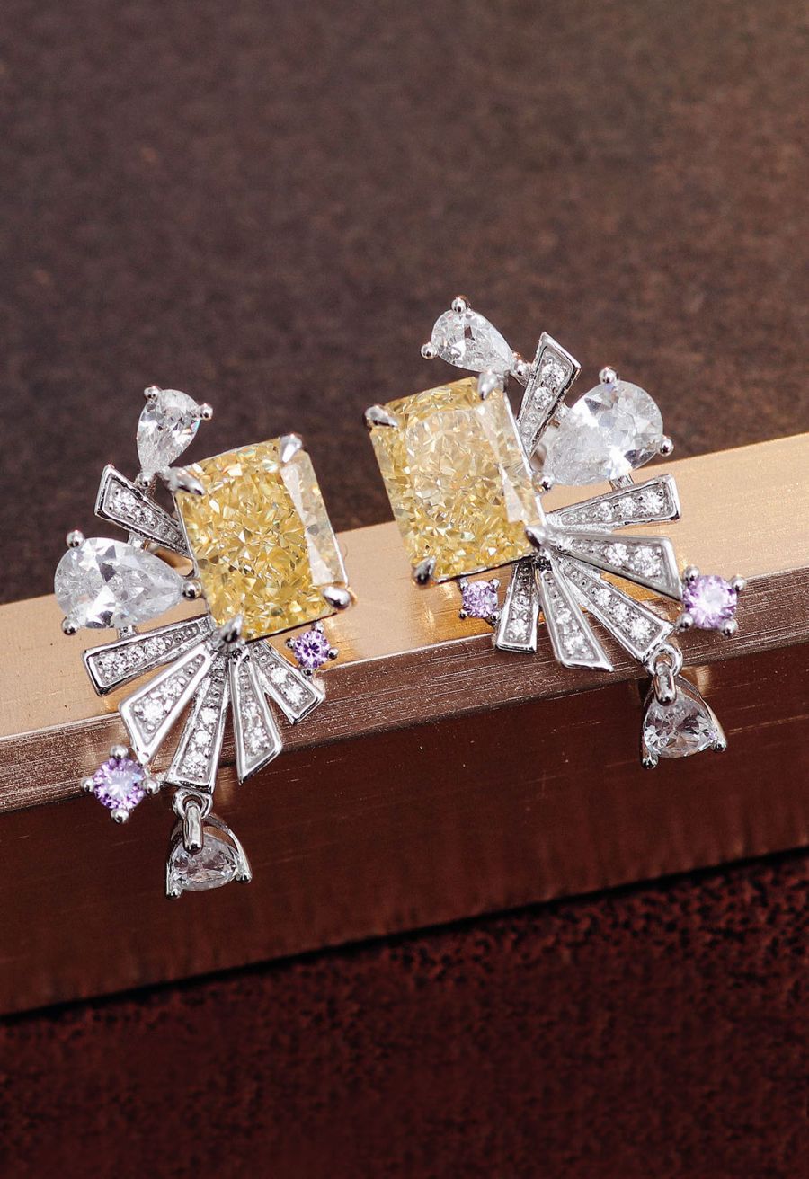 Yellow Crystal Fan Shape Cubic Zirconia Earrings