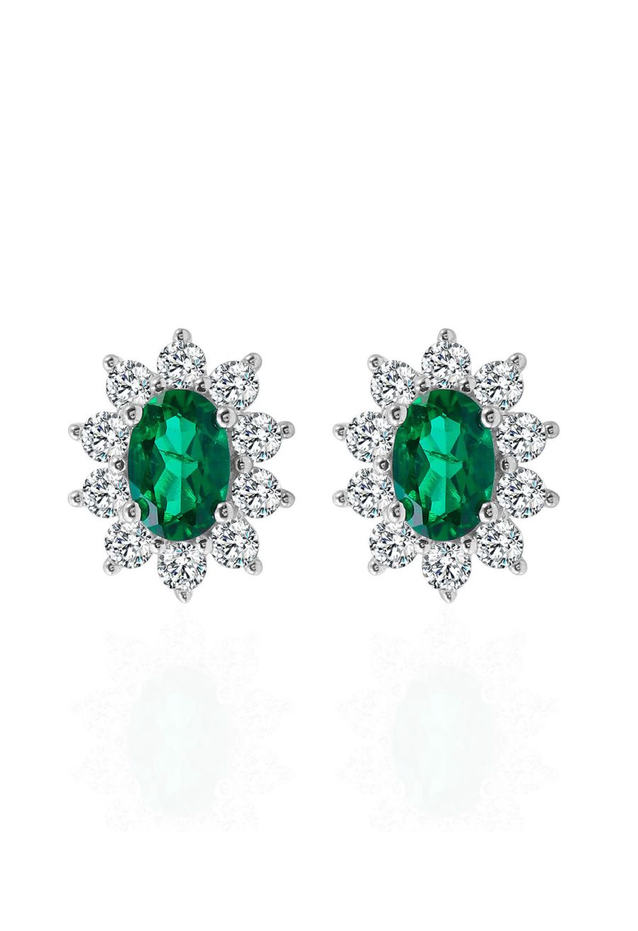 Floral Oval Emerald Gem Stud Earrings
