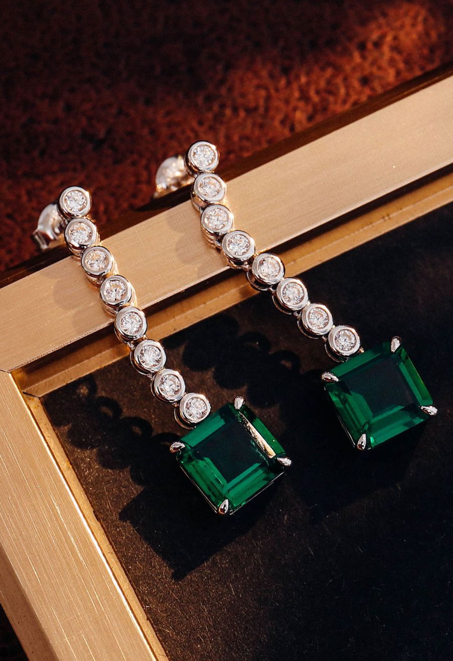 Asscher Cut Emerald Gem Drop Earrings