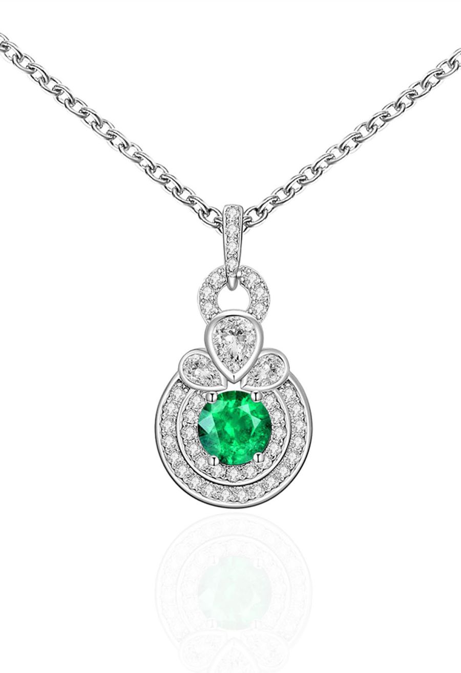 Rounded Halo Emerald Diamond Necklace
