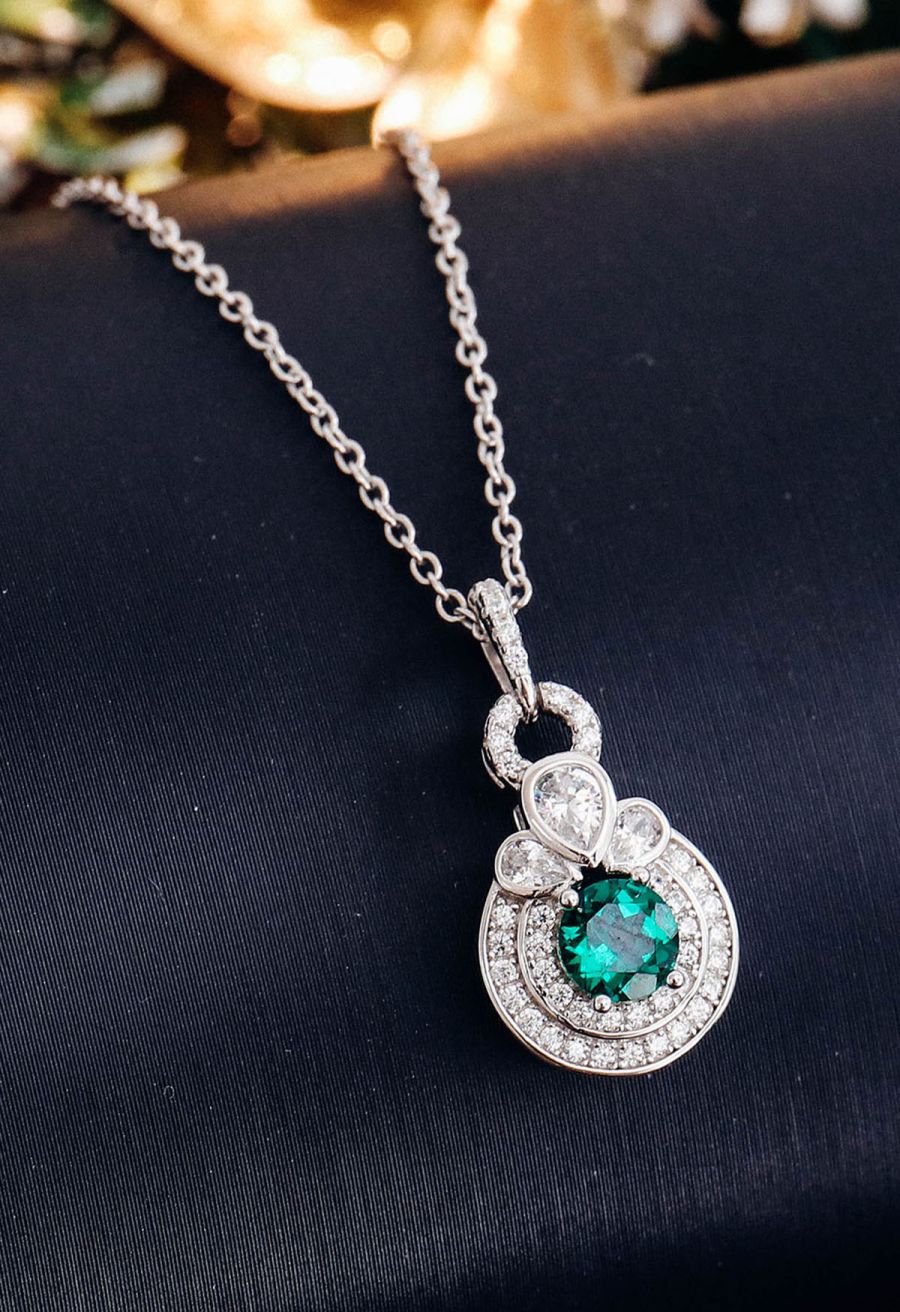 Rounded Halo Emerald Diamond Necklace