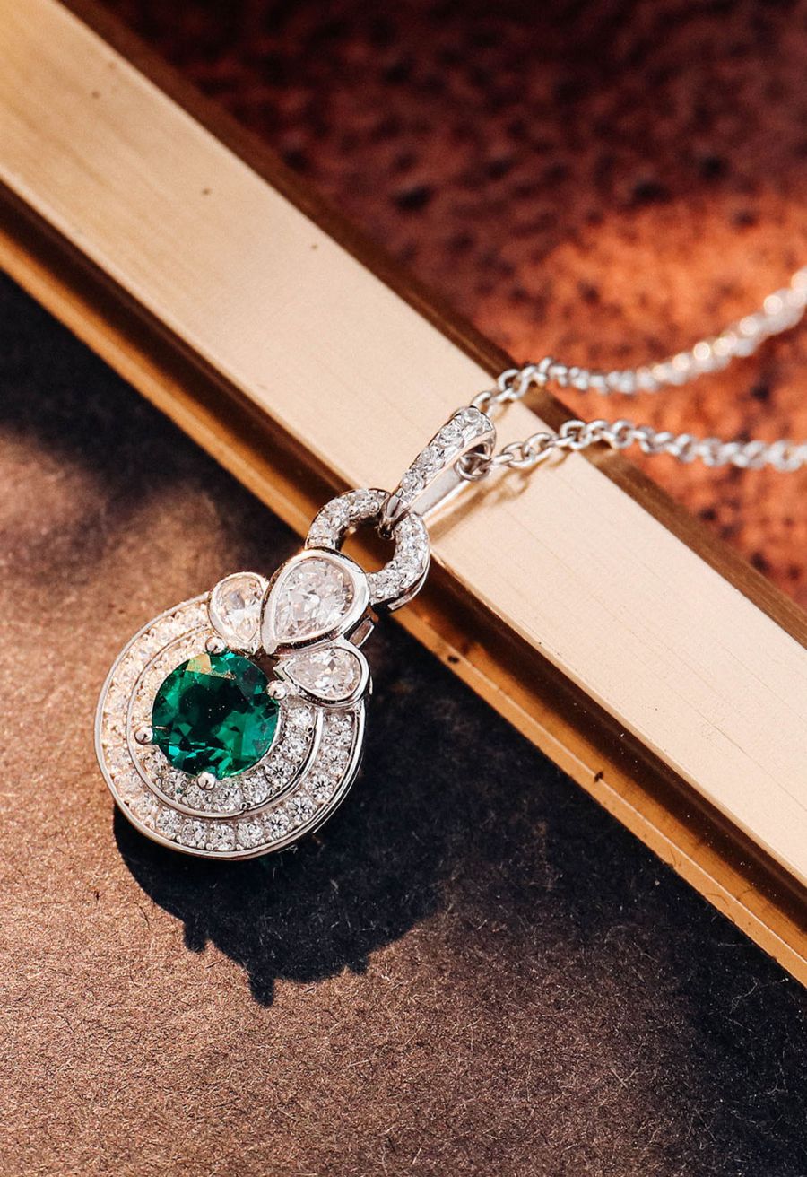 Rounded Halo Emerald Diamond Necklace