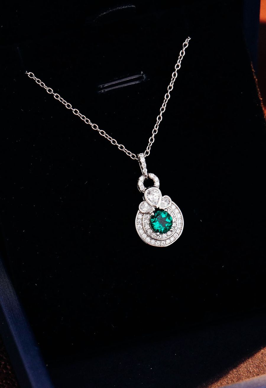 Rounded Halo Emerald Diamond Necklace