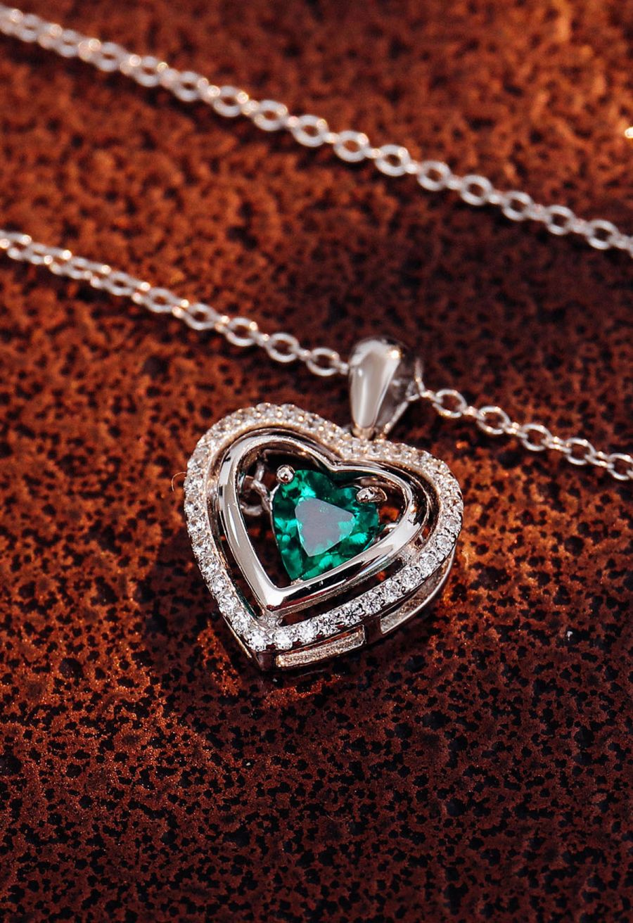 Hollow Heart Shape Emerald Gem Necklace