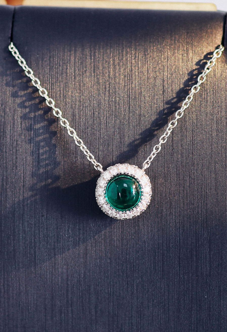 Halo Emerald Gem Diamond Necklace