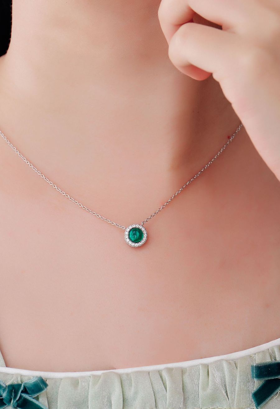 Halo Emerald Gem Diamond Necklace