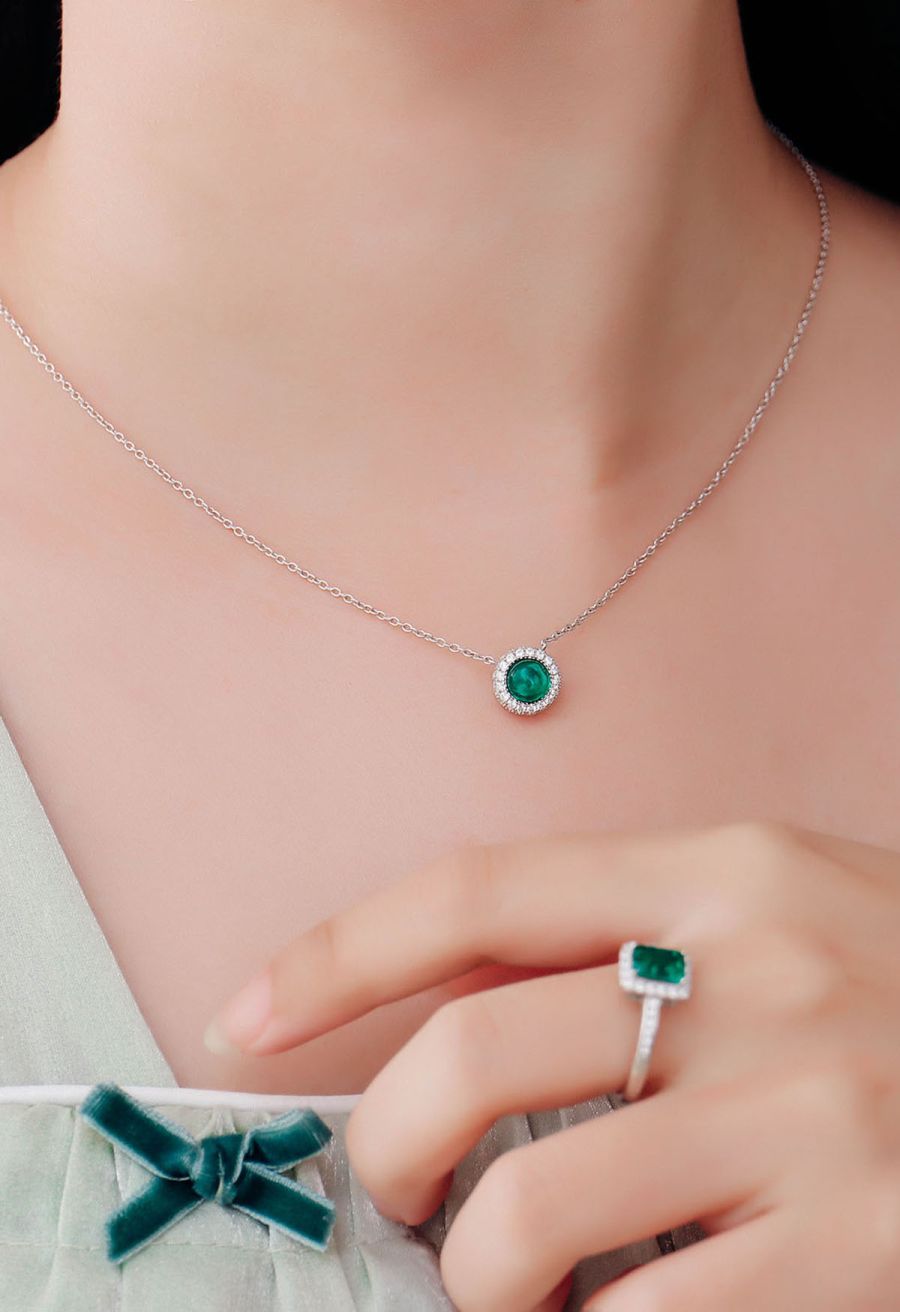 Halo Emerald Gem Diamond Necklace