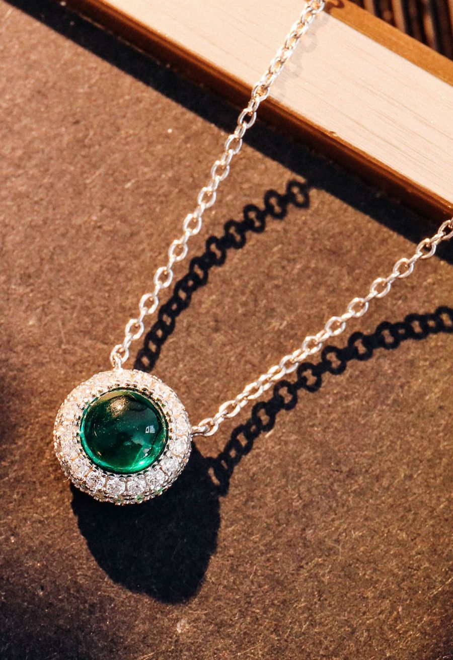 Halo Emerald Gem Diamond Necklace