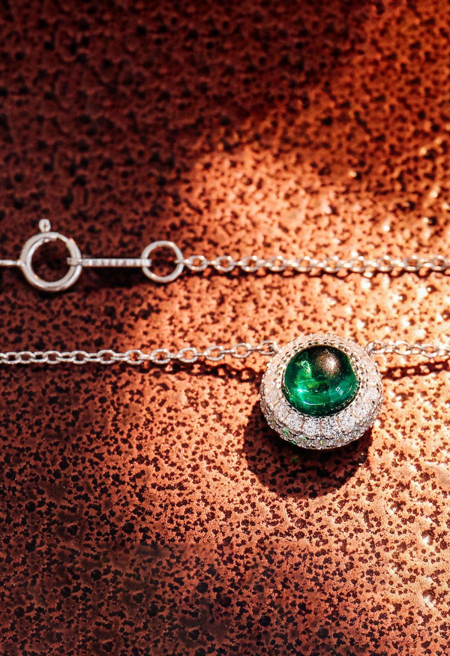 Halo Emerald Gem Diamond Necklace