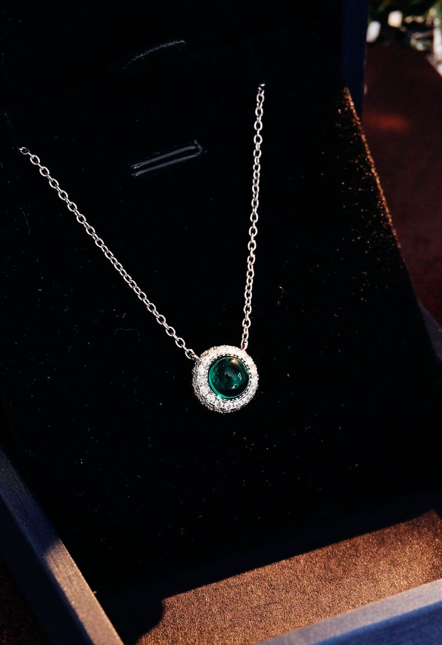Halo Emerald Gem Diamond Necklace