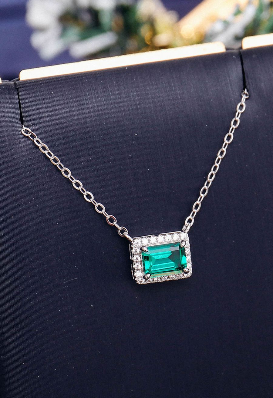 Emerald Cut Halo Gem Necklace