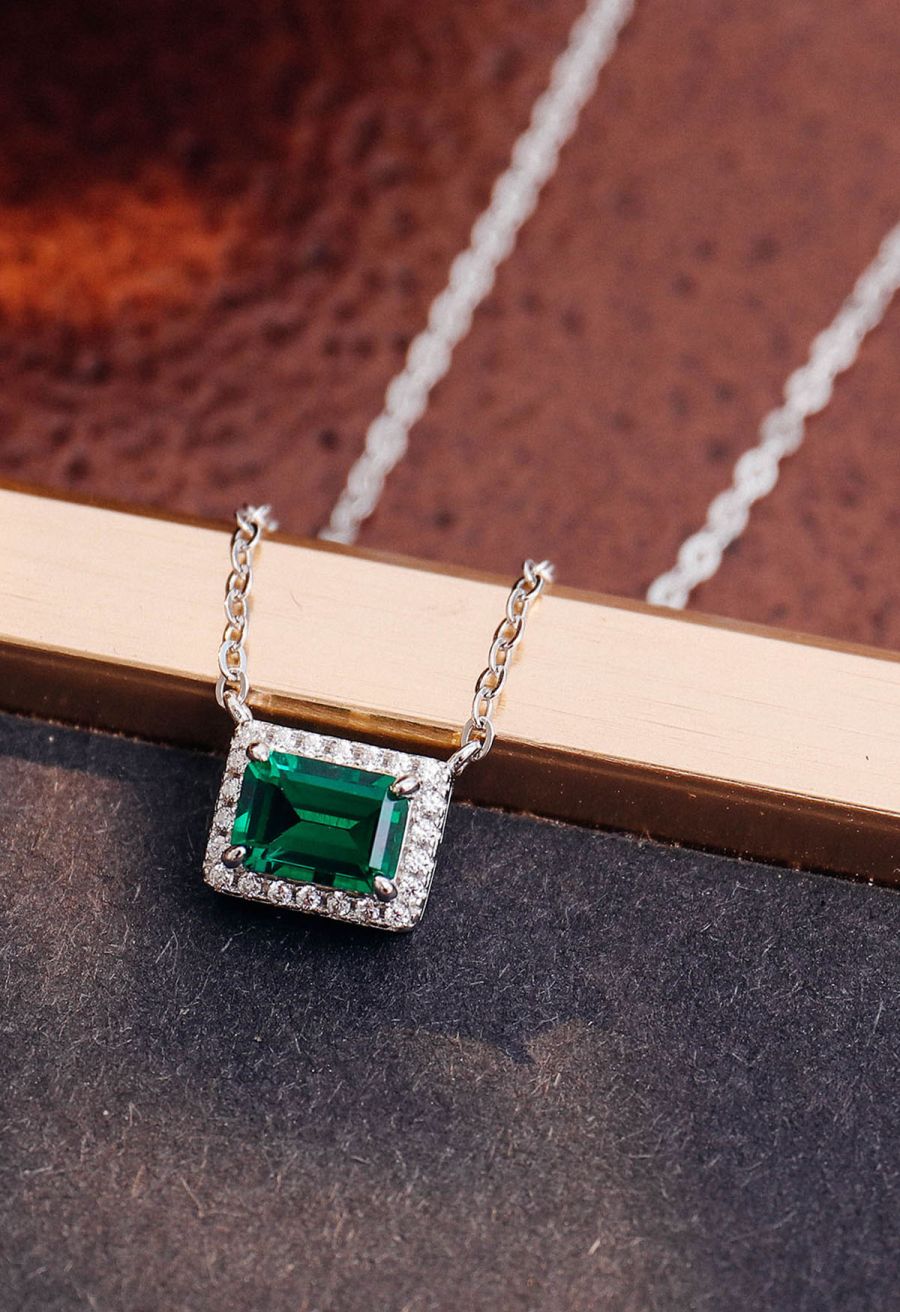 Emerald Cut Halo Gem Necklace