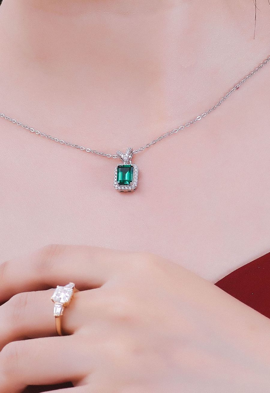 V-Shape Diamond Emerald Gem Necklace