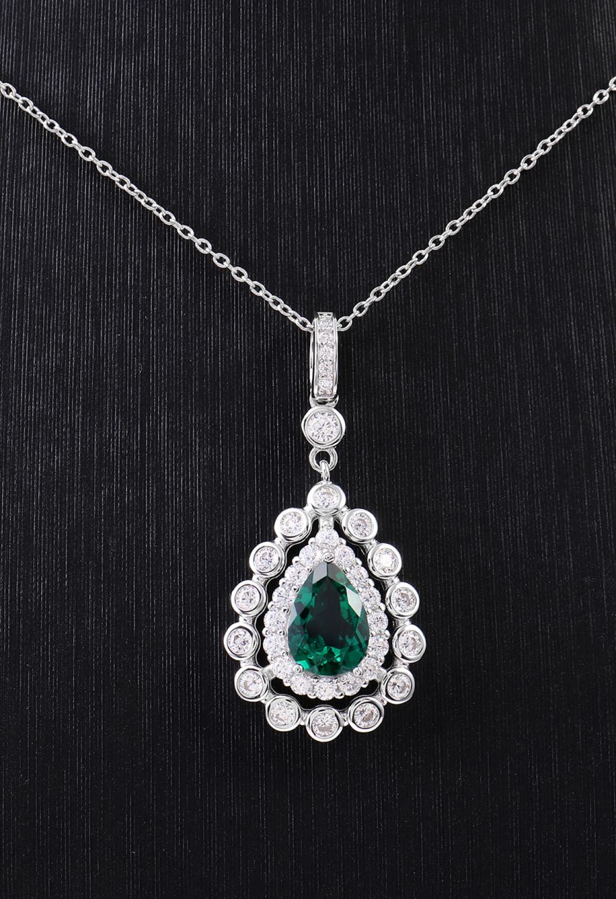 Pear Emerald Gem Diamond Trim Necklace