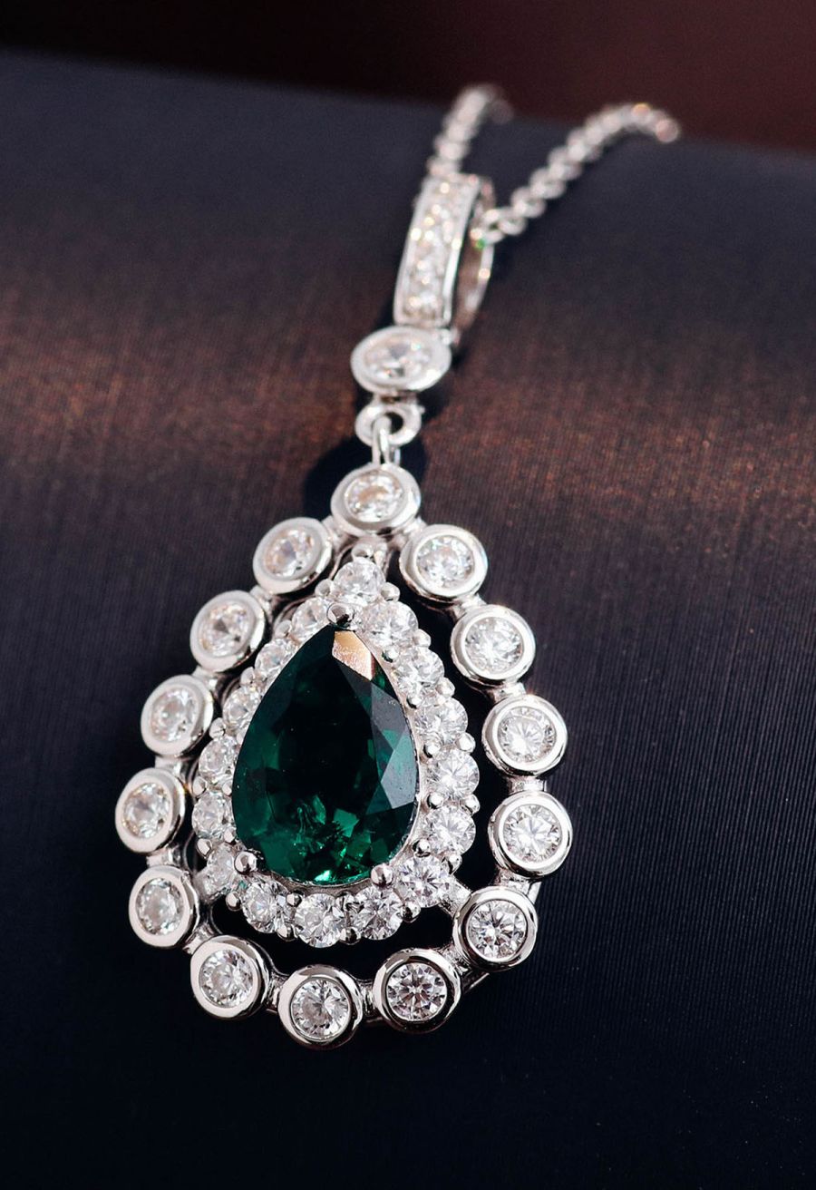 Pear Emerald Gem Diamond Trim Necklace