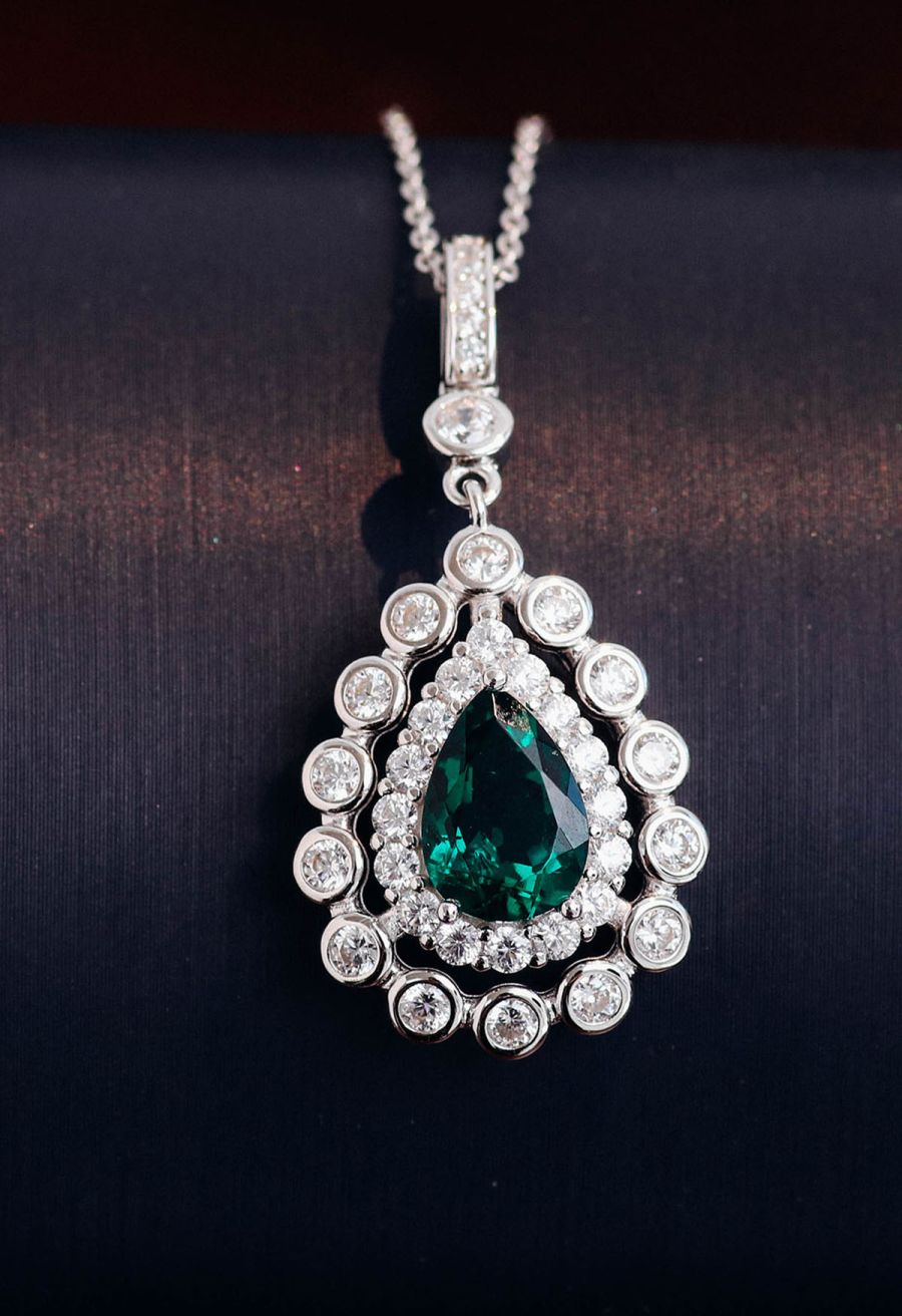 Pear Emerald Gem Diamond Trim Necklace