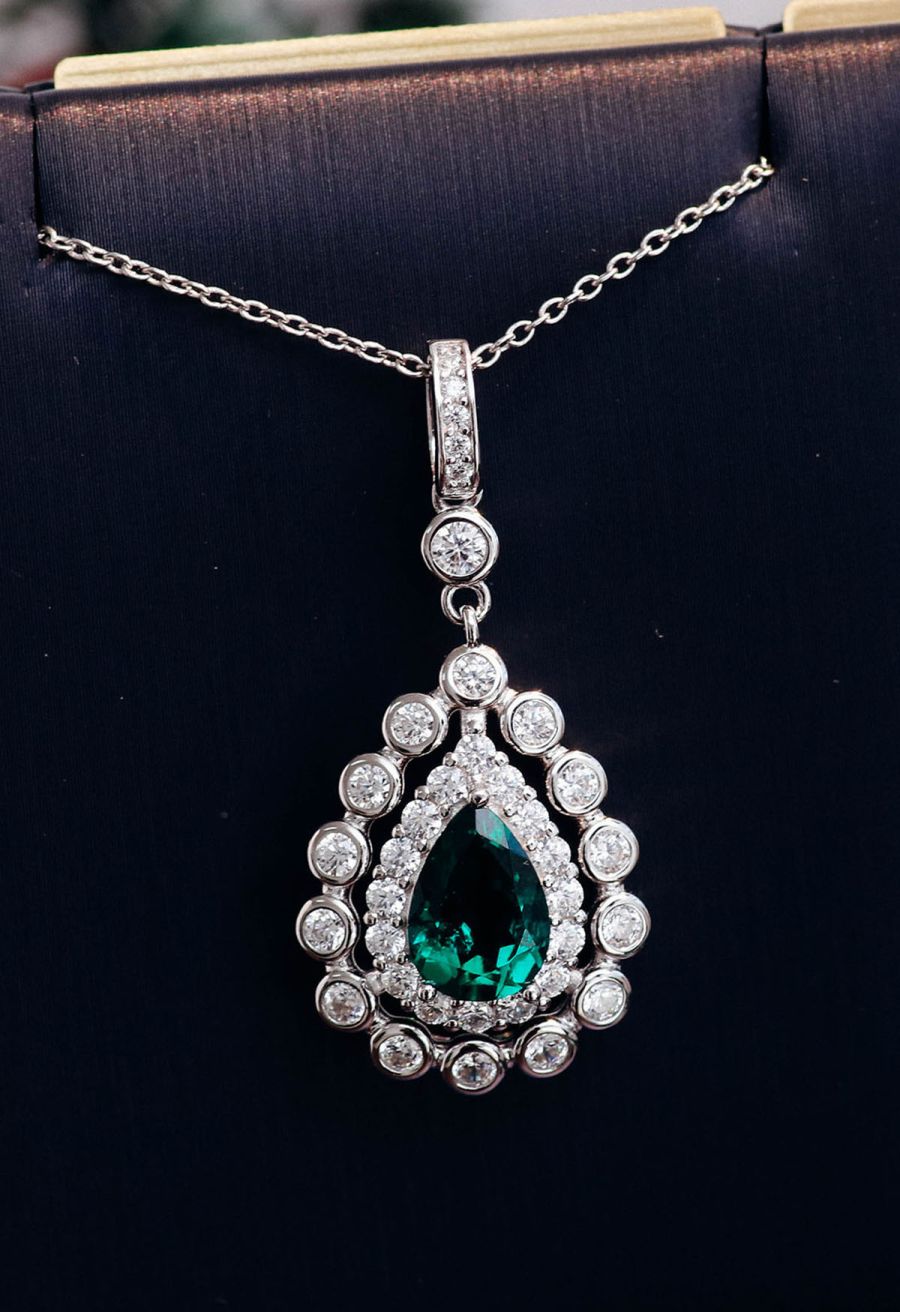 Pear Emerald Gem Diamond Trim Necklace