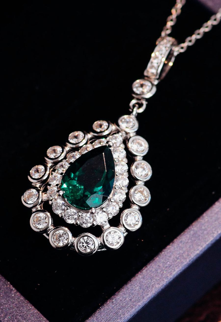 Pear Emerald Gem Diamond Trim Necklace