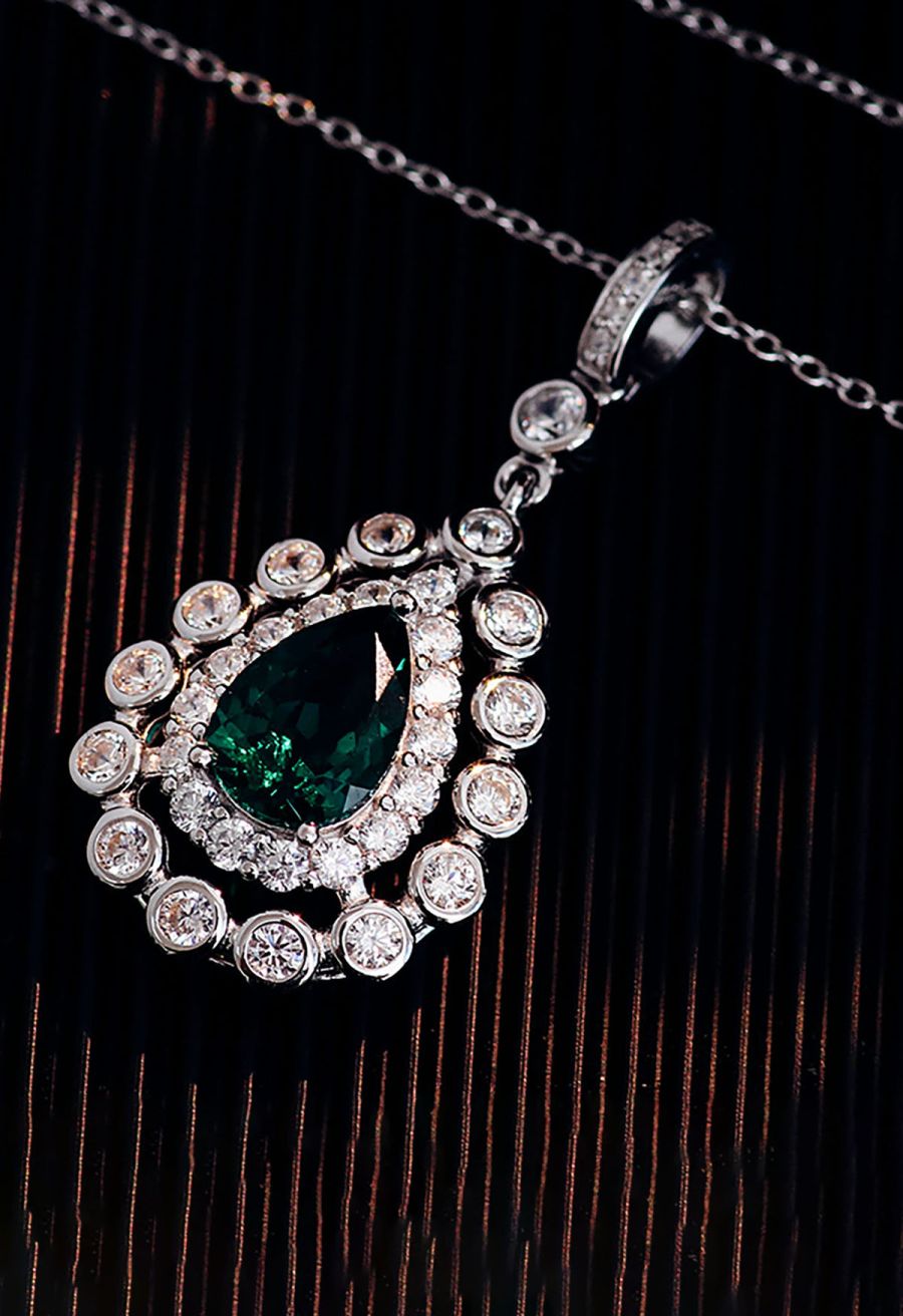 Pear Emerald Gem Diamond Trim Necklace