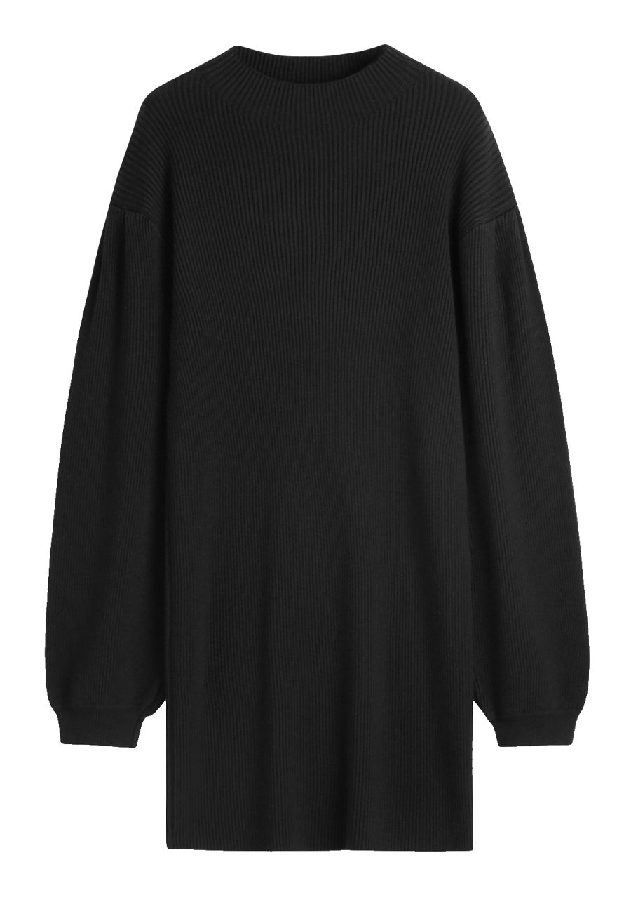 Lantern Sleeve Round Neck Ribbed Sweater Dress in Black