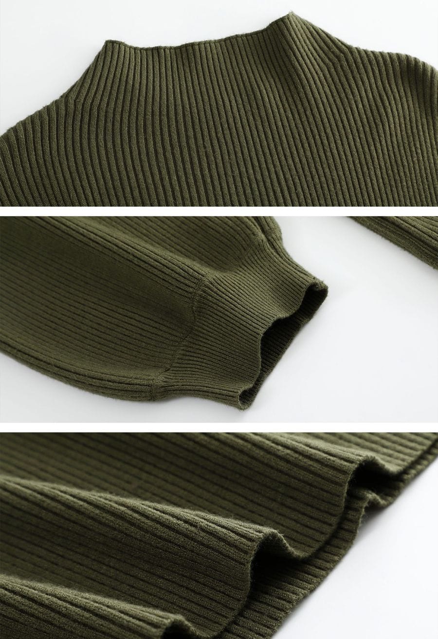 Lantern Sleeve Round Neck Ribbed Sweater Dress in Army Green