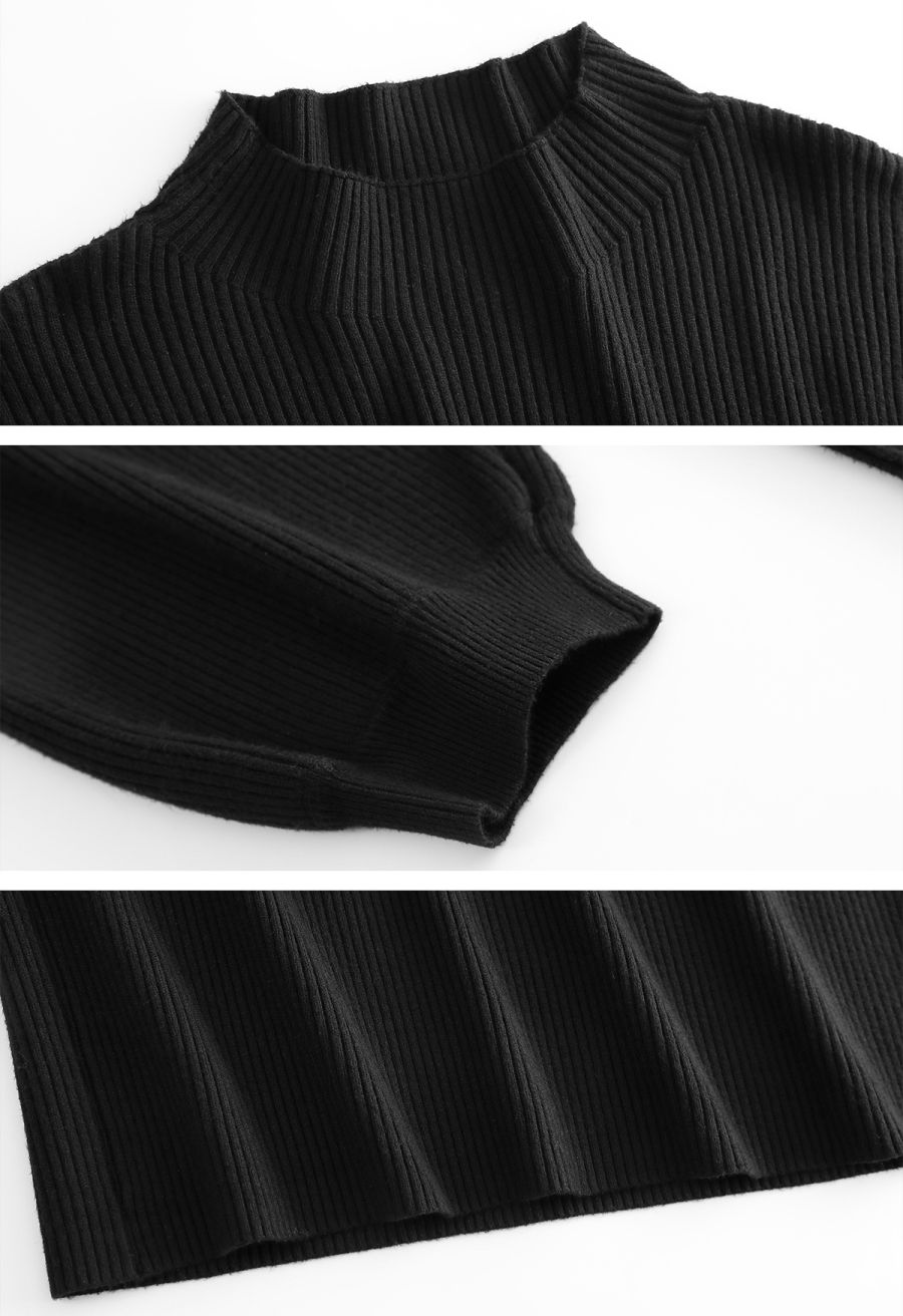 Lantern Sleeve Round Neck Ribbed Sweater Dress in Black