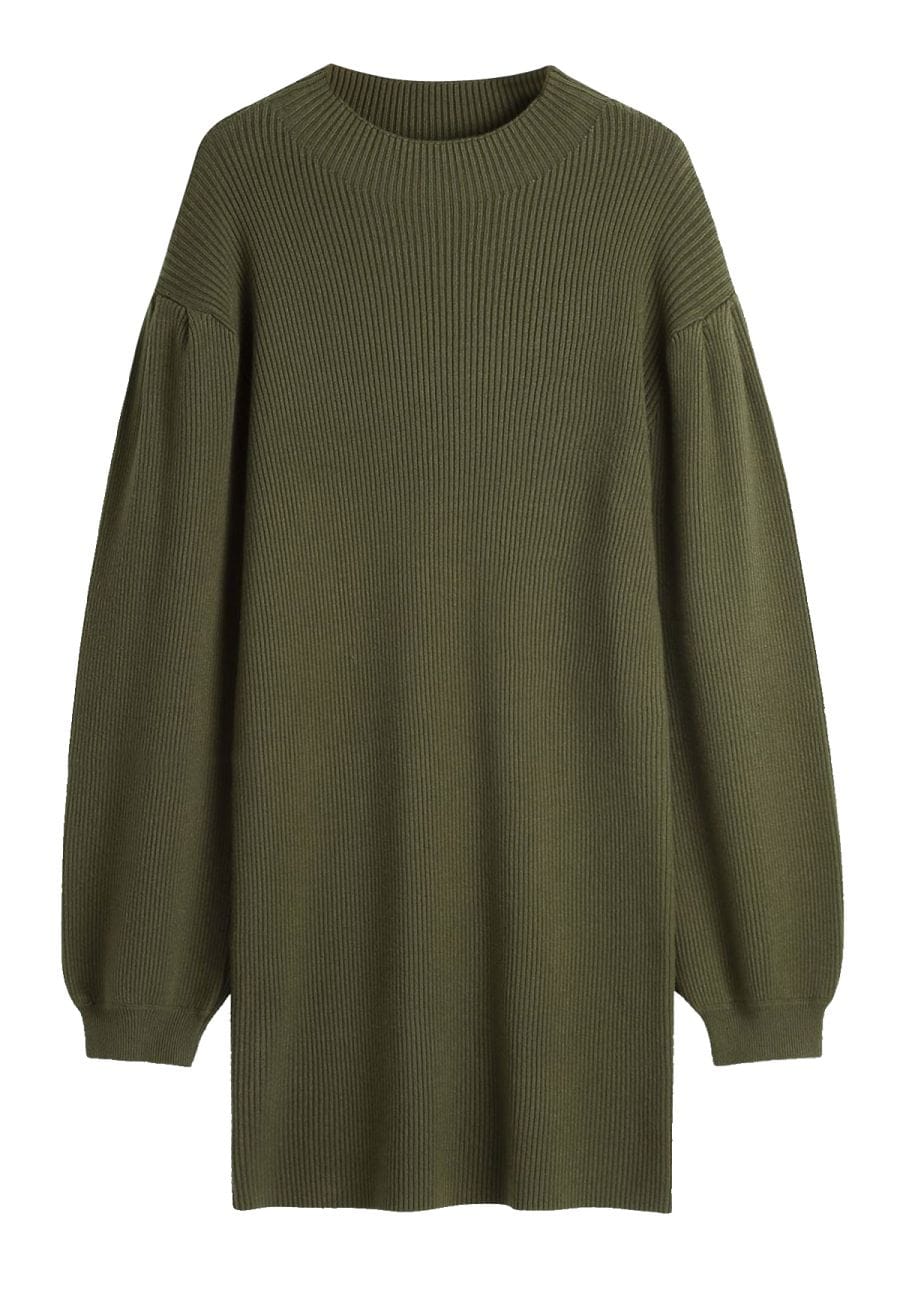 Lantern Sleeve Round Neck Ribbed Sweater Dress in Army Green