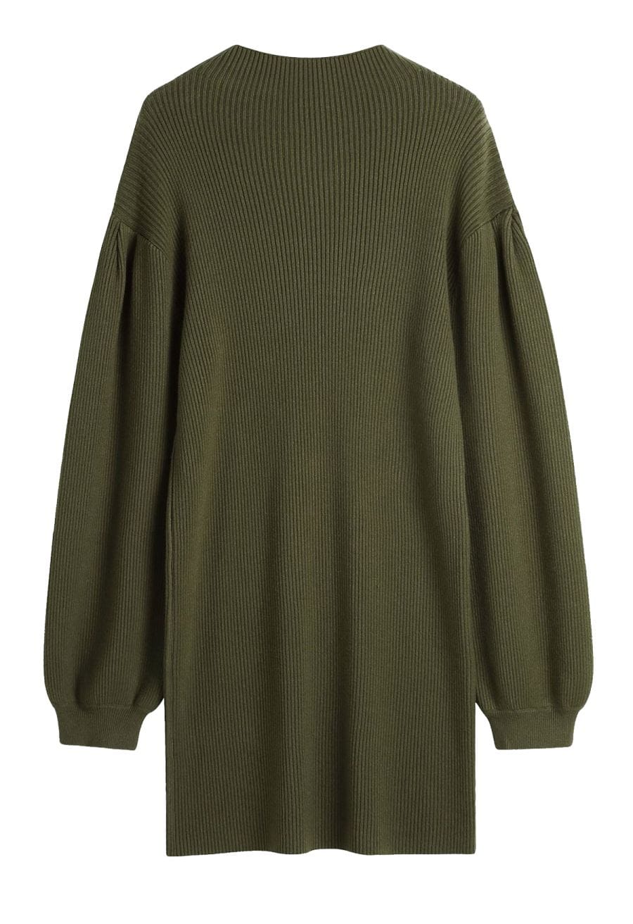 Lantern Sleeve Round Neck Ribbed Sweater Dress in Army Green