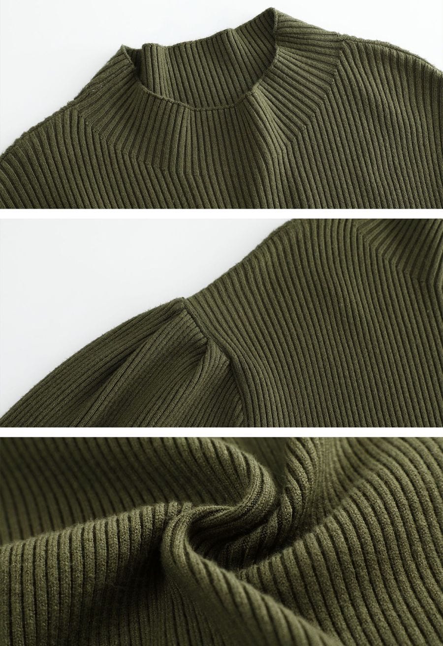 Lantern Sleeve Round Neck Ribbed Sweater Dress in Army Green