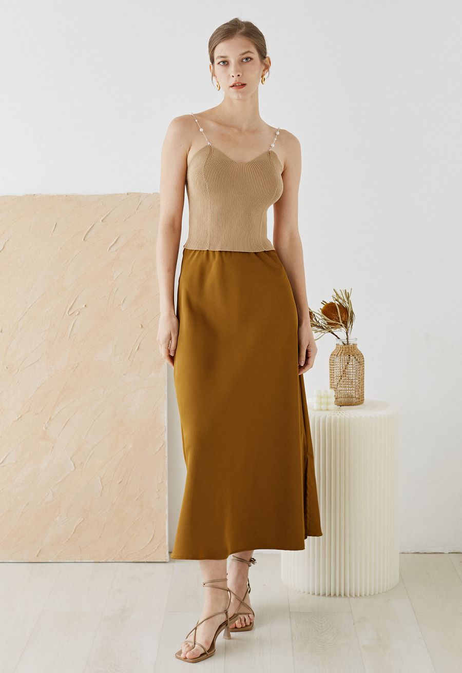 Cropped Knit Pearly Tank Top in Light Tan