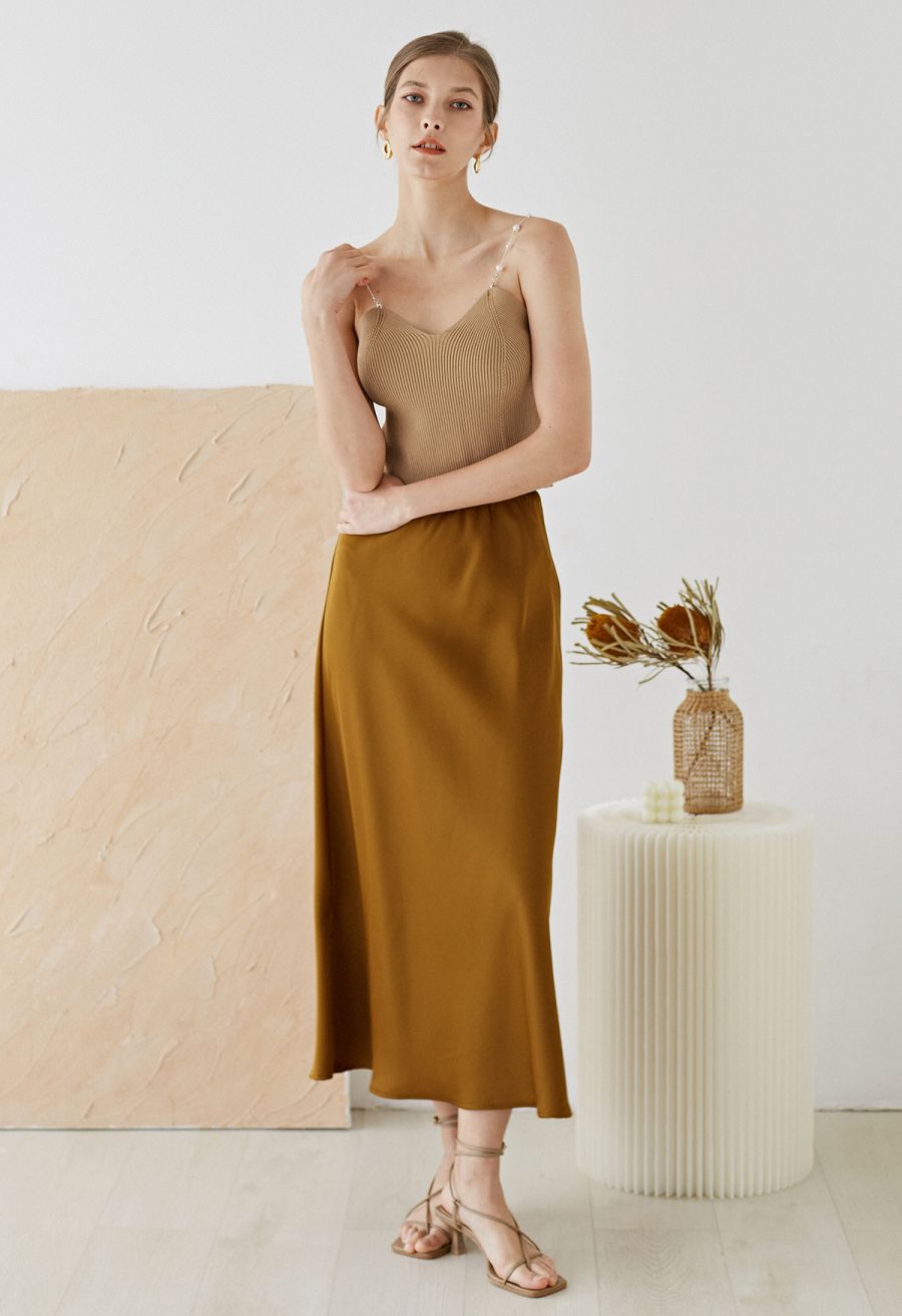 Cropped Knit Pearly Tank Top in Light Tan